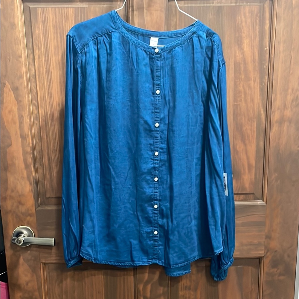 NWT Old Navy Blue Cuffed Sleeve Blouse with Mandarin Collar